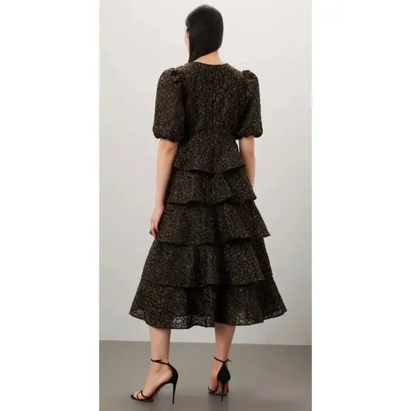 Marie Oliver Everly Embroidered Ruffle Organza Midi in Plume Dress Size 2